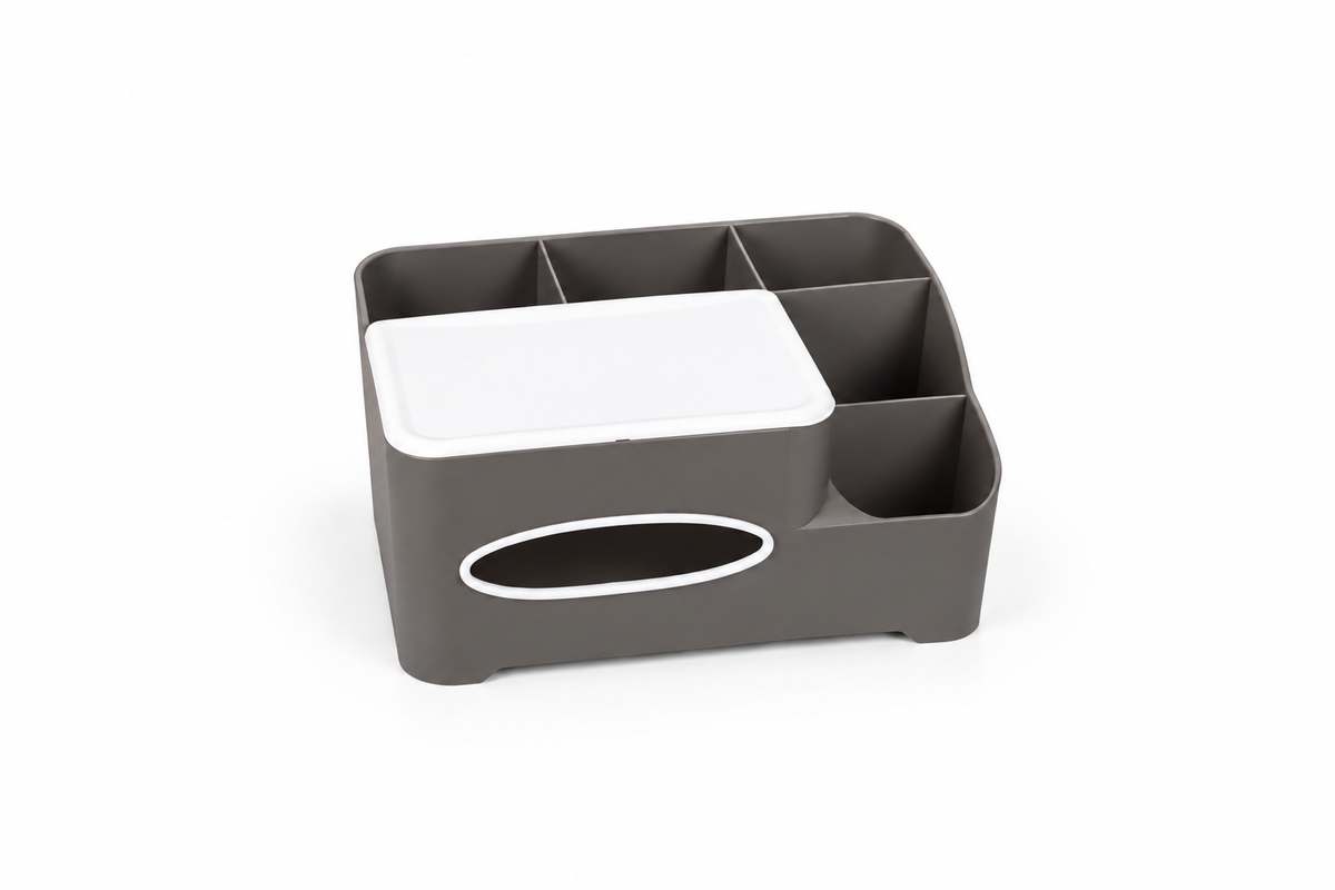 Grey tissue box organiser for bathroom and bedroom storage