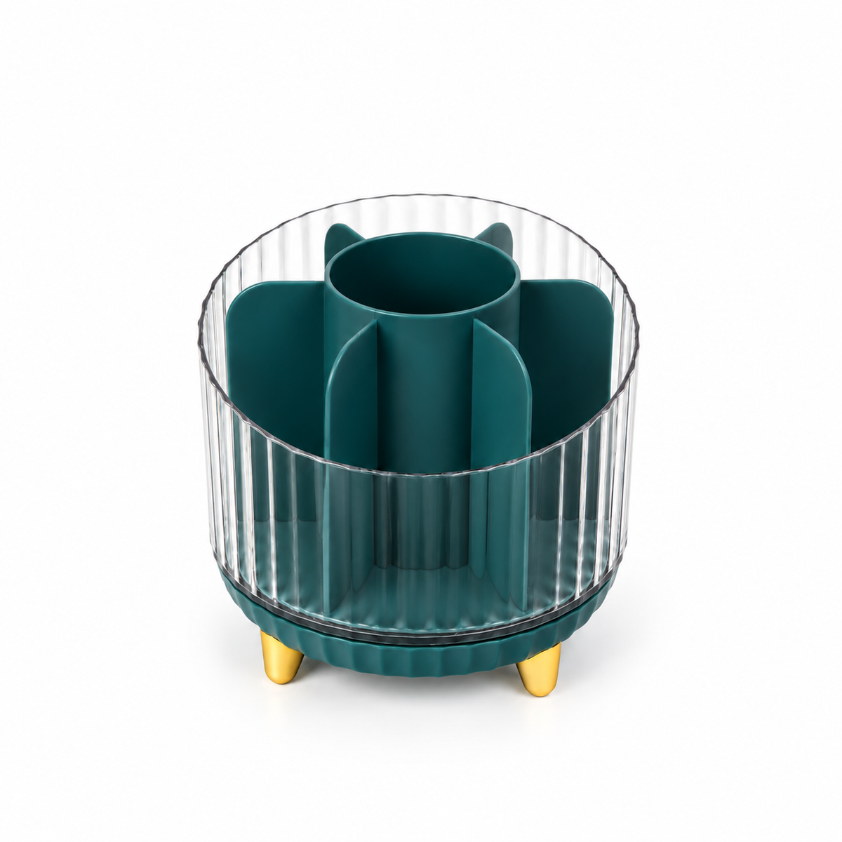 Green round makeup and skincare organiser with multiple compartments