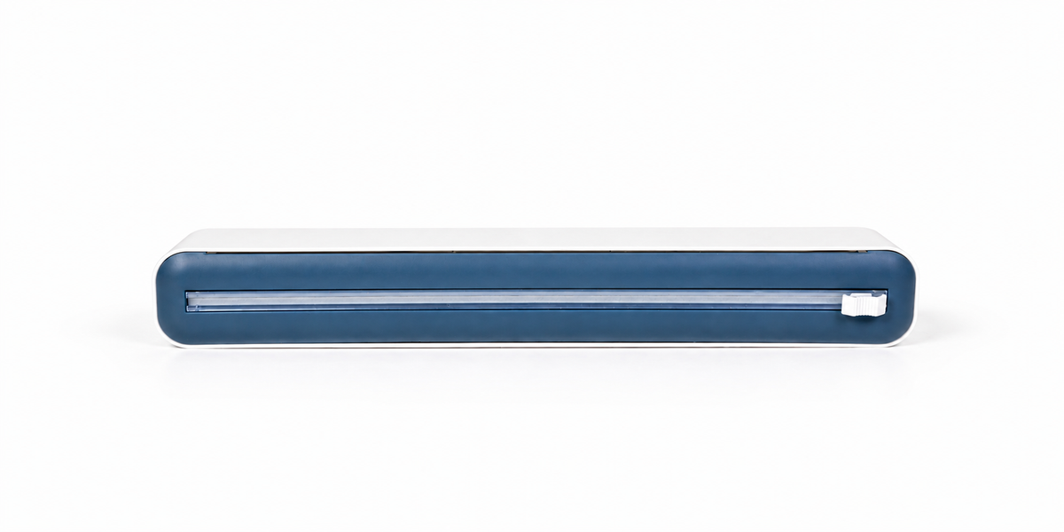 Blue PrepMate kitchen wrap organiser with integrated cutter