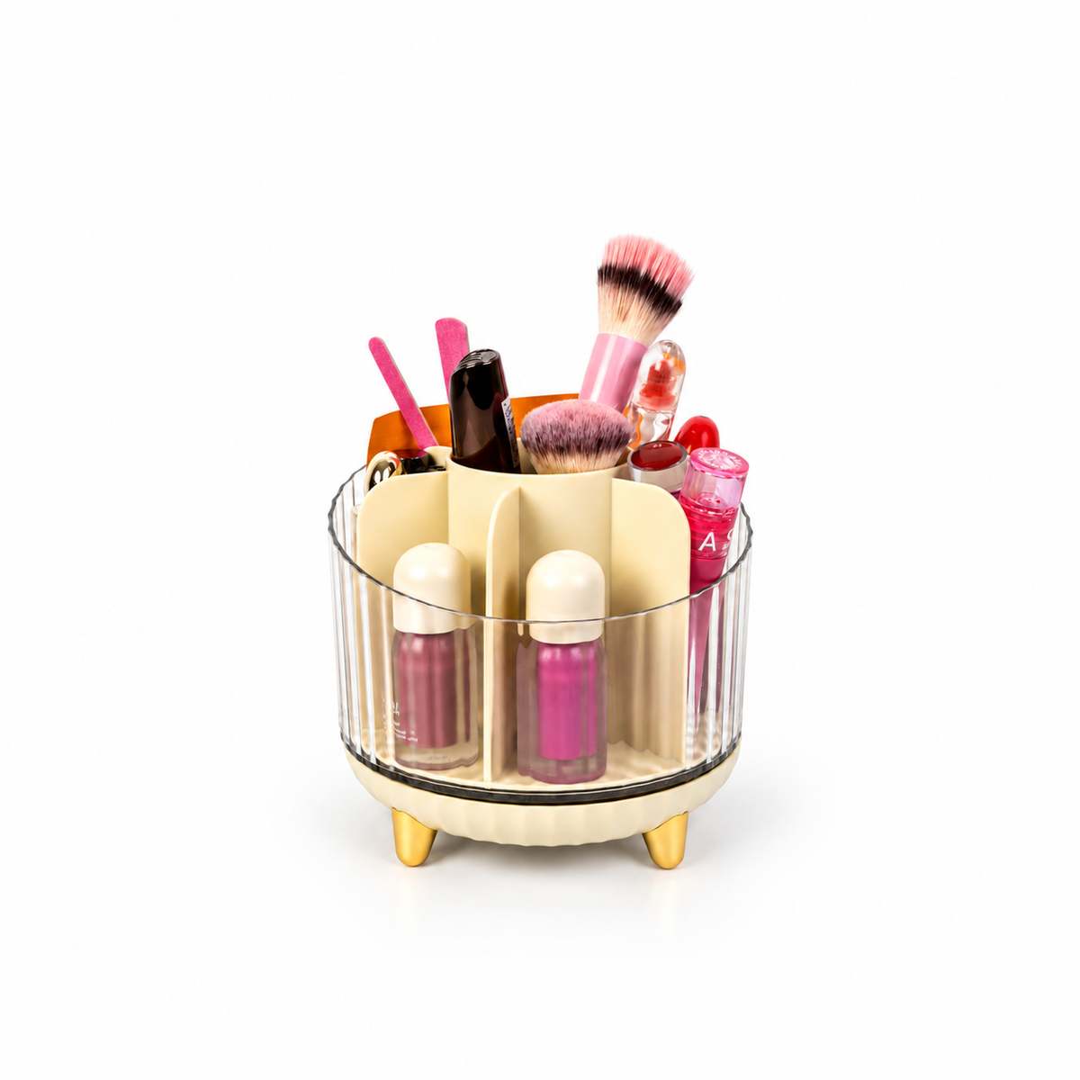 Round beauty storage organiser with compartments for cosmetics