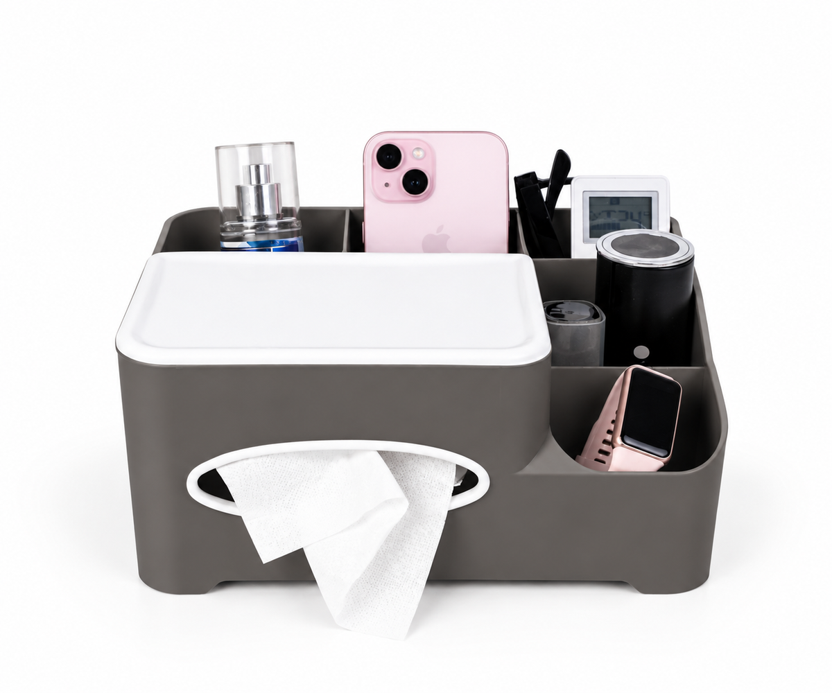 Compact tissue holder with compartments for toiletries and daily essentials