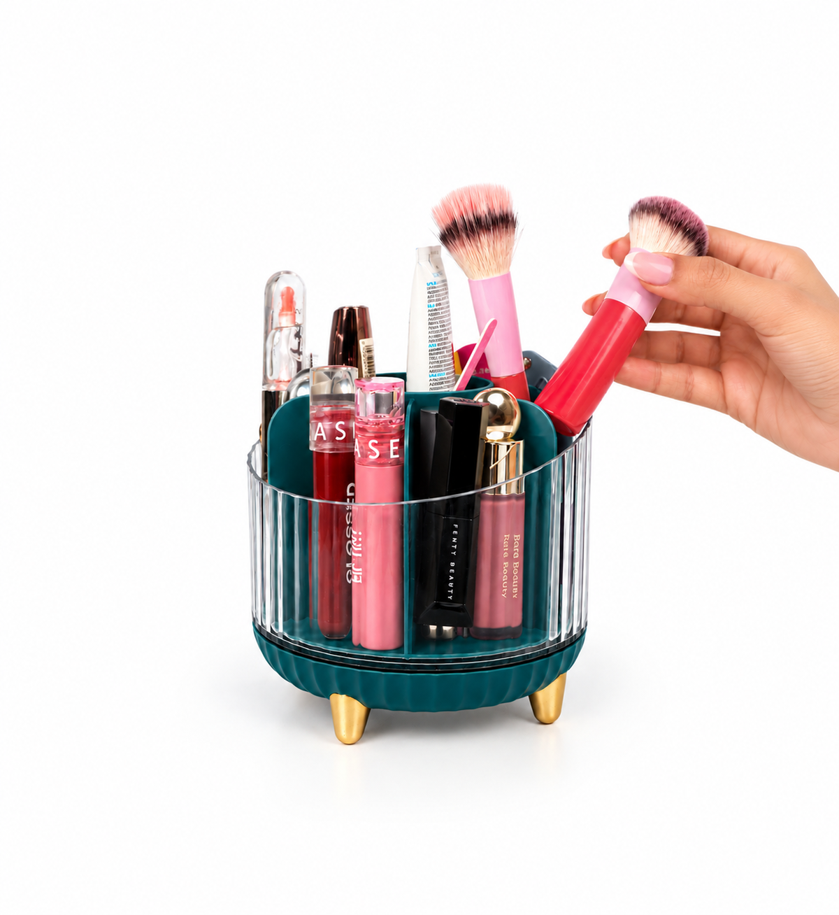 Green multi-compartment cosmetic organiser for dressing table