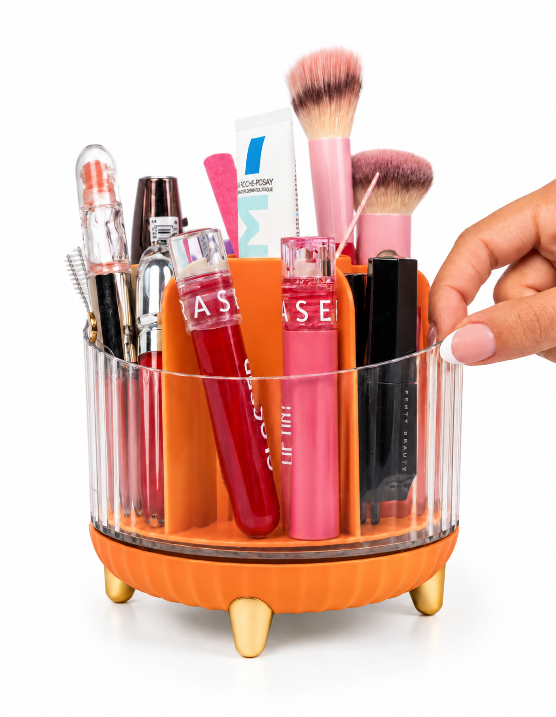 Orange multi-compartment cosmetic organiser for dressing table